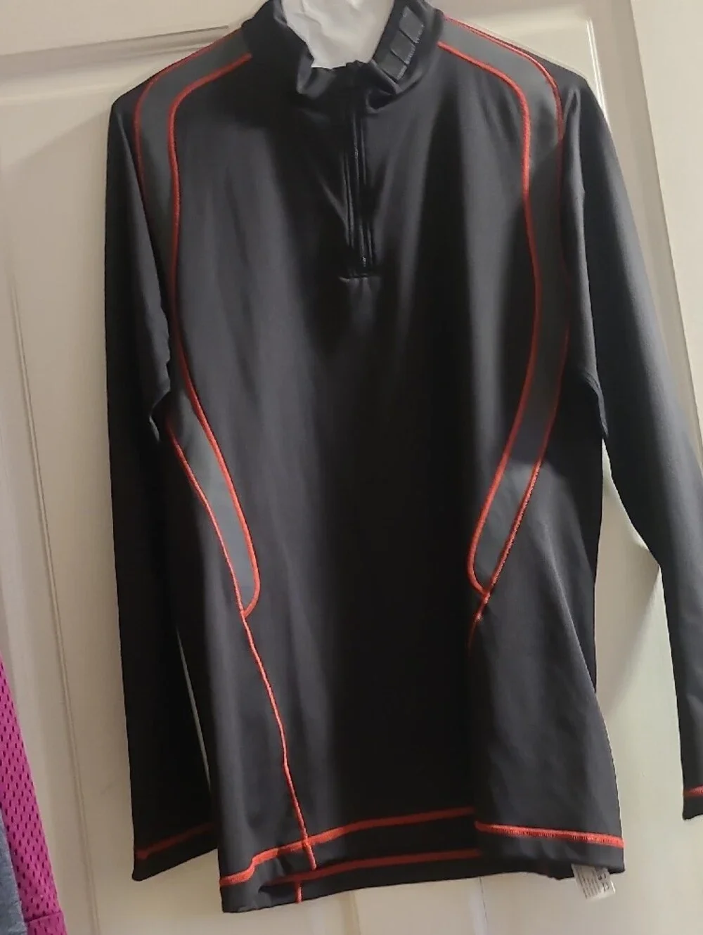 Men's Black Long-Sleeve Swim Shirt with Red Accents